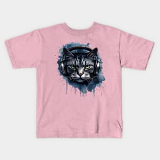 Intense Cat Face With Headphones Kids T-Shirt